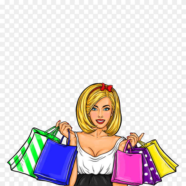 Pop art illustration of a young happy girl holding shopping bags on transparent background PNG