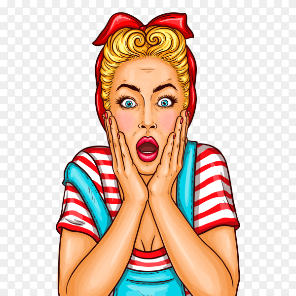 Pop art surprised housewife with open mouth on transparent background PNG