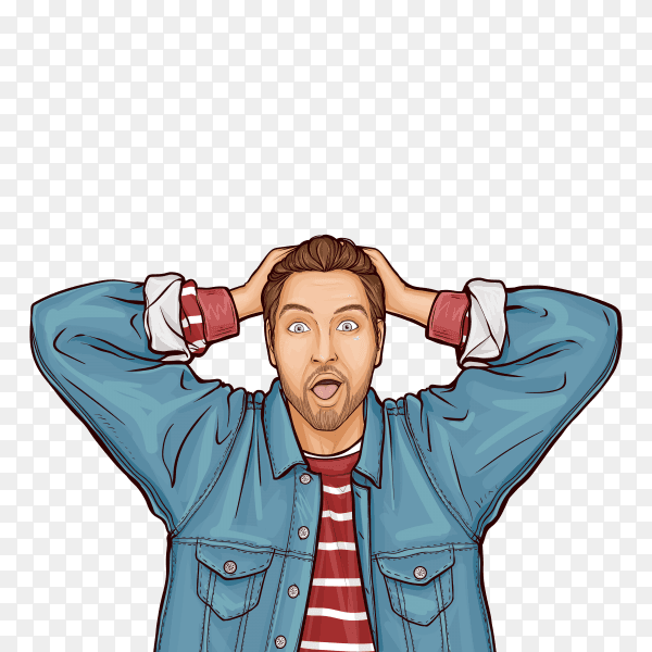 Pop art vector illustration of hipster man with wow surprised face expression on transparent background PNG