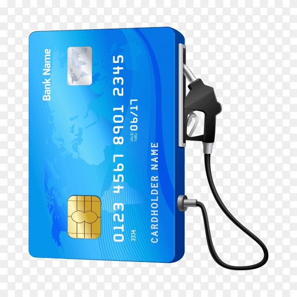 Realistic credit card with fuel hose gas station concept on transparent background PNG