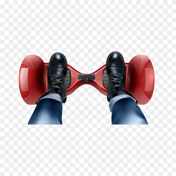 Riders feet in black shoes on red two-wheeled self-balancing gyro scooter realistic top view on transparent background PNG
