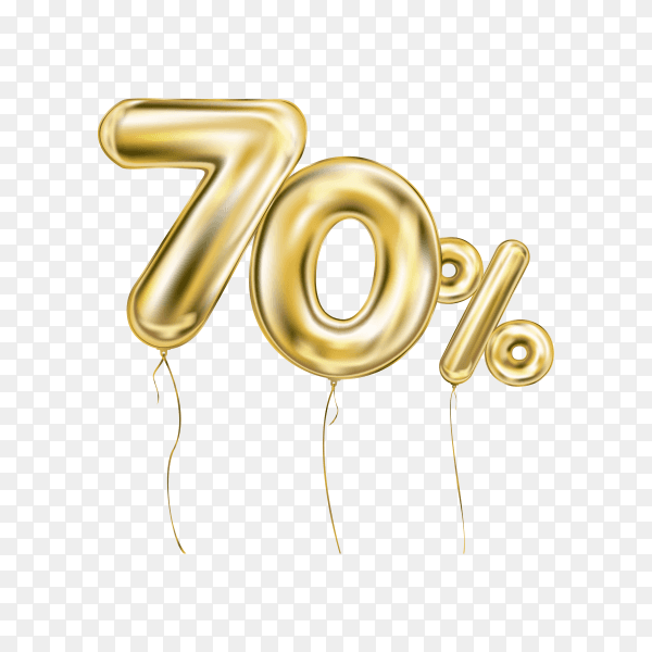 Seventy percent discount sign made of golden inflatable balloons isolated on transparent background PNG