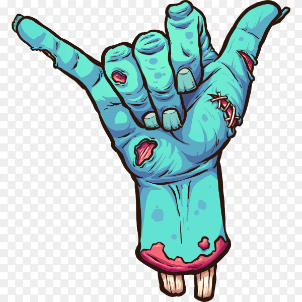 Severed zombie hand making the hang loose hand sign on transparent background PNG