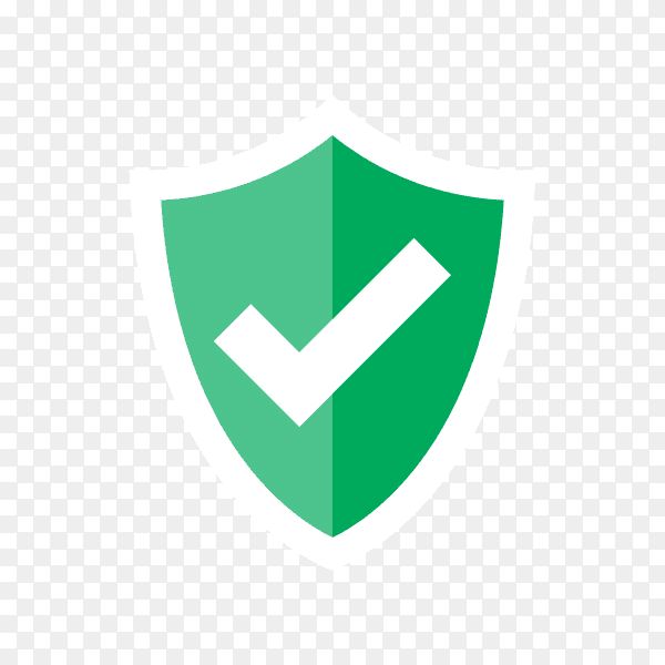 Shield and check mark. Approved . Green shield with check mark on transparent background PNG