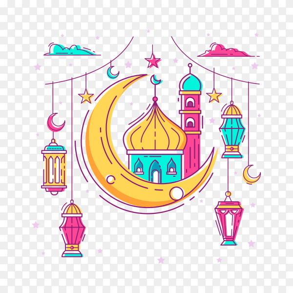 Simple monoline cartoon Ramadan Kareem ornament with bright color on transparent background PNG