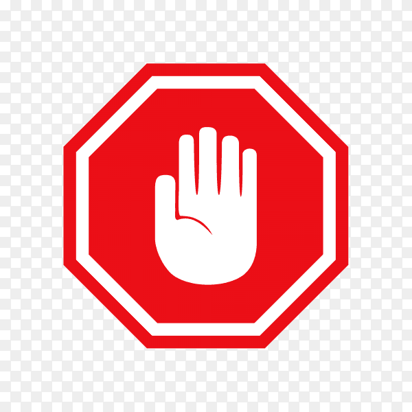 Simple red stop road sign with big hand symbol or icon on transparent background PNG