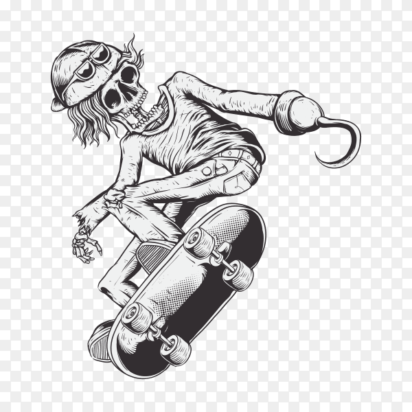 Skull skate with pirate hook on his hand drawing on transparent background PNG