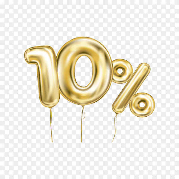 Ten percent discount sign made of golden inflatable balloons isolated on transparent background PNG