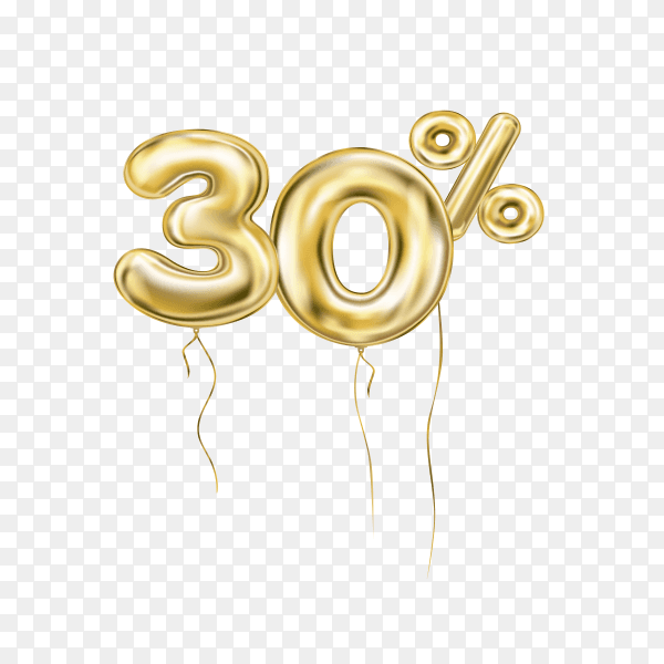 Thirty percent discount sign made of golden inflatable balloons isolated on transparent background PNG