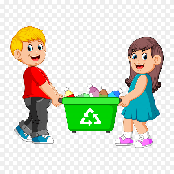 Two Children Carry On Recycle Bin on transparent background PNG