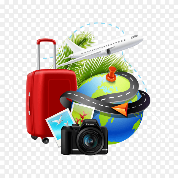Vacation and holidays background with realistic globe suitcase and photo camera on transparent background PNG