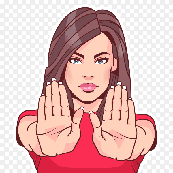 Woman showing stop sign with raised hand over pop art on transparent background PNG