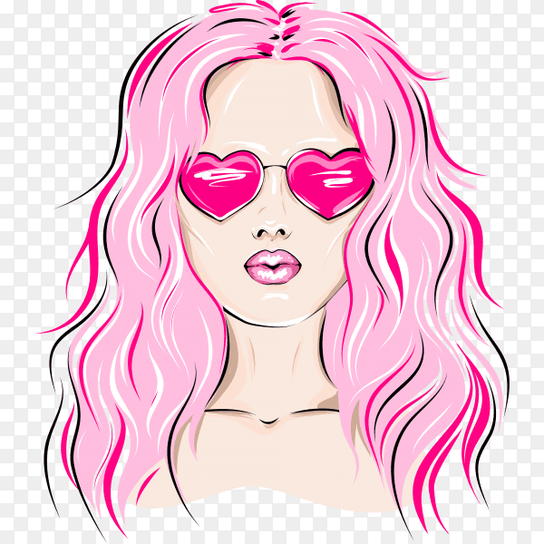 Young woman with pink hair wearing heart-shaped glasses on transparent background PNG