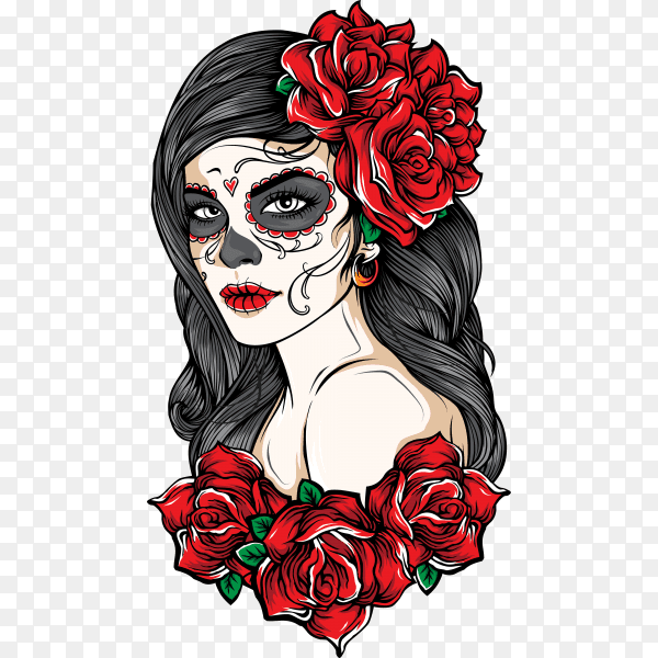 sugar skull women with roses on transparent background PNG