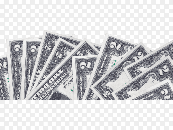 2 us dollars bills lies on bottom side of screen isolated on transparent background PNG