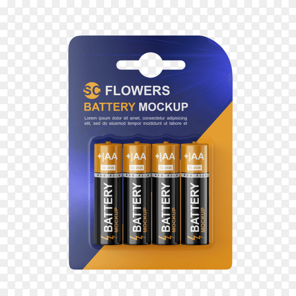 4 pack battery AA mock up on transparent background PNG