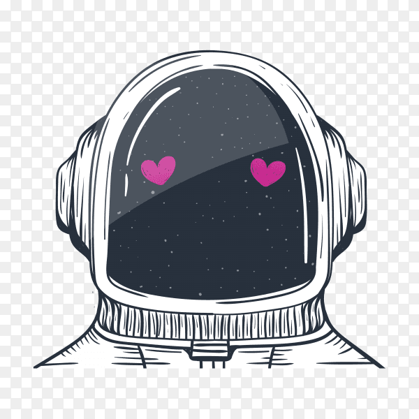 An astronaut helmet with two heart on transparent background PNG