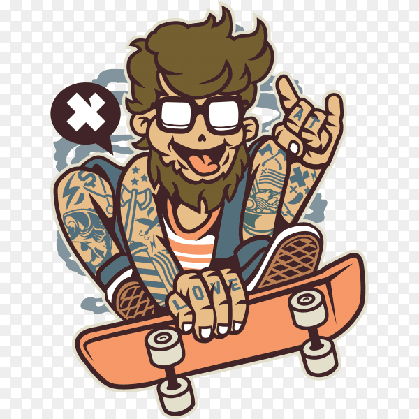 Bearded Skater Cartoon Character on transparent background PNG