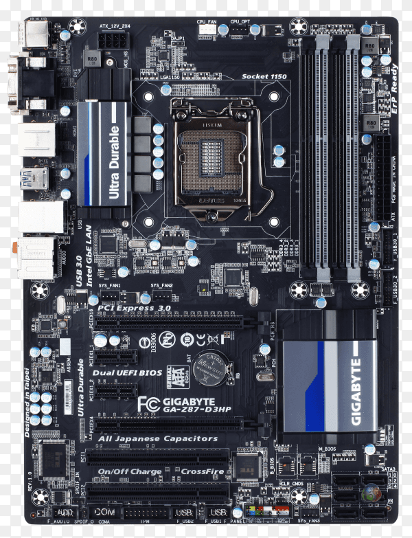 Black Asus motherboard isolated on transparent background PNG