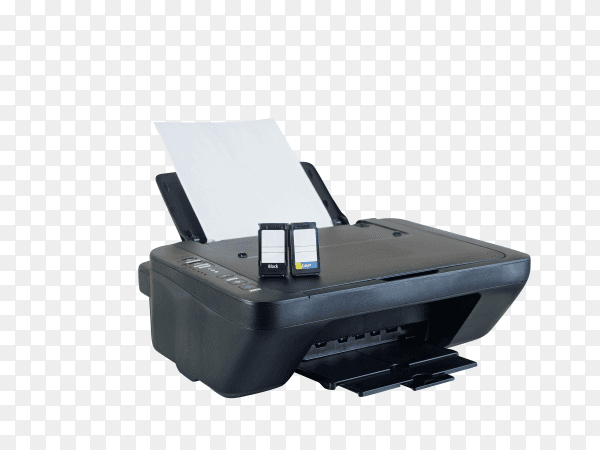 Black printer and ink cartridges on transparent background PNG