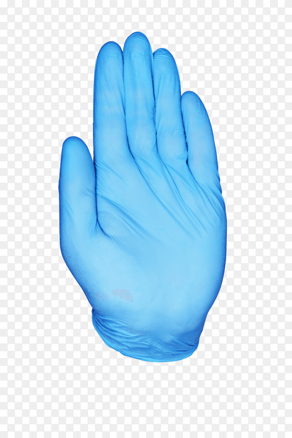Blue nitrile medical gloves on hand on transparent background PNG
