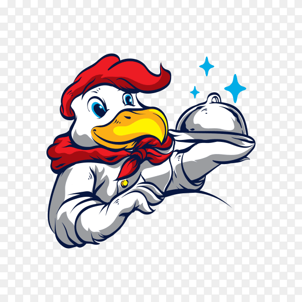 Funny chicken chef with tray on transparent background PNG
