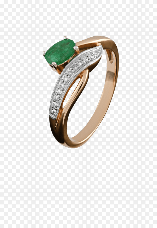 Gold ring with an emerald on transparent background PNG
