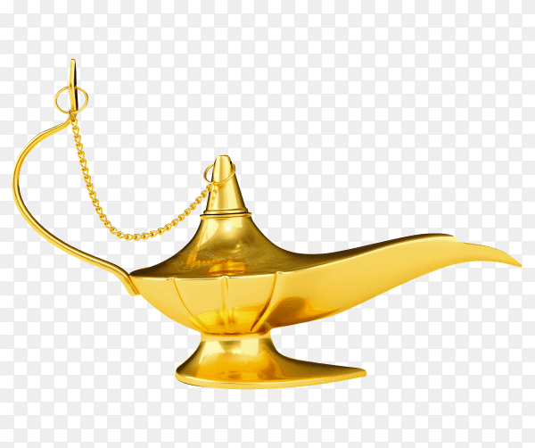 Golden Aladdin magic genie lamp isolated on transparent background PNG
