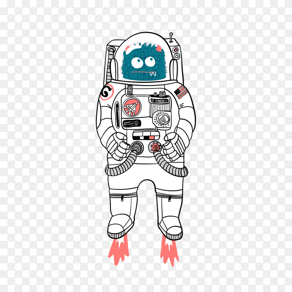 Hand drawn space monster with astronaut uniform on transparent background PNG