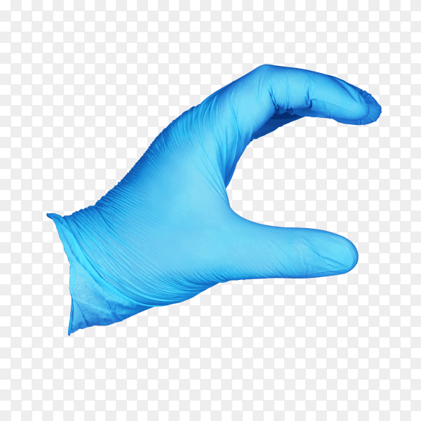 Hand in blue protective glove holding something on transparent background PNG