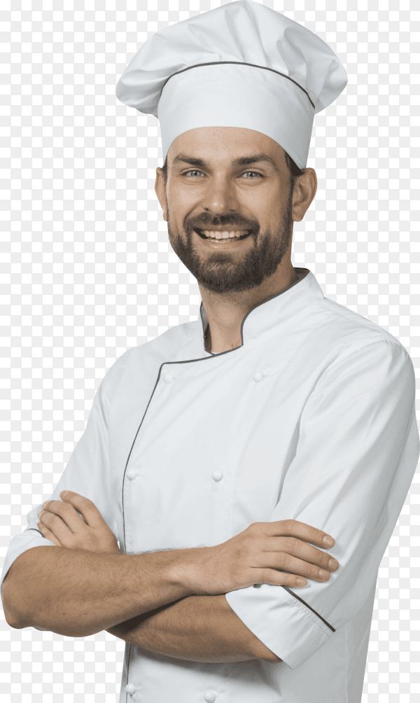 Happy male chef with his arms crossed against on transparent background PNG