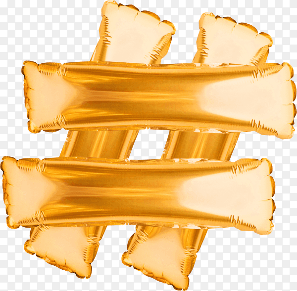 Hashtag sign made from golden balloons isolated on transparent background PNG