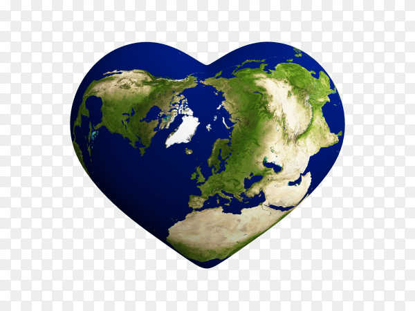Heart shaped earth with world map isolated on transparent background PNG