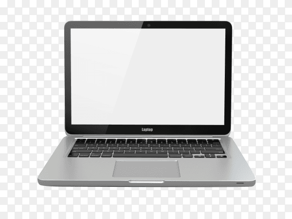 Laptop computer with white screen and keyboard on transparent background PNG
