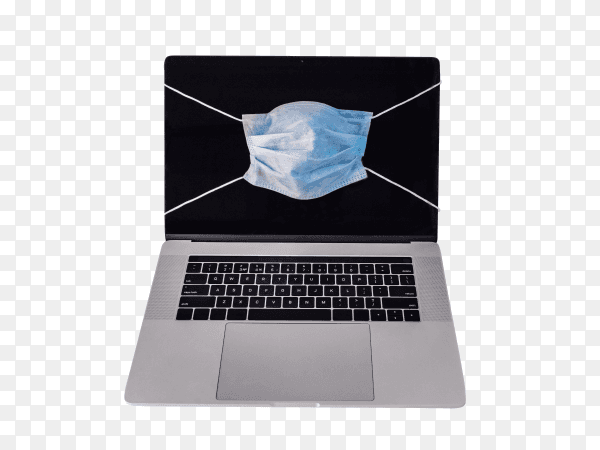 Macbook like laptop with face mask showing protect at remote home work in quarantine on transparent background PNG