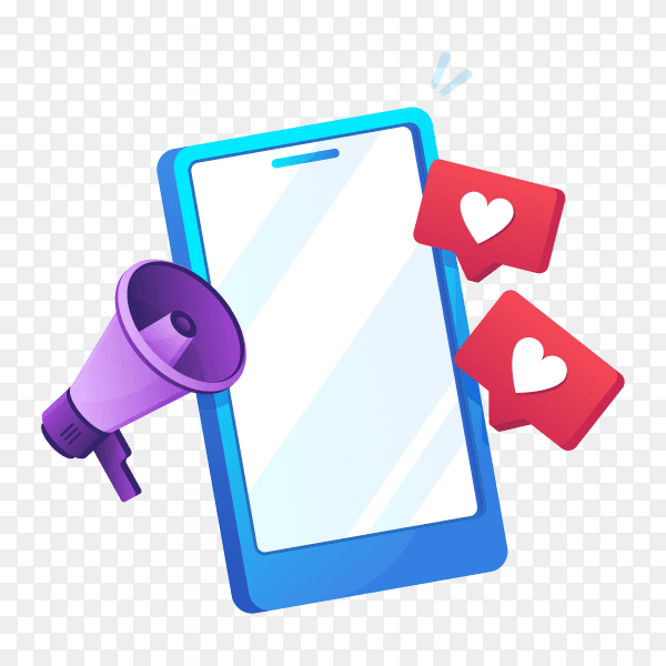 Mobile phone with like sign and megaphone icon in gradient design on transparent background PNG
