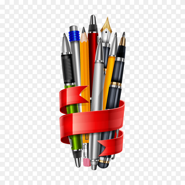 Pens and pencils attached to the red ribbon on transparent background PNG