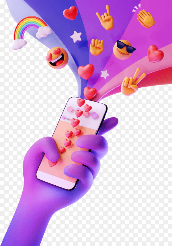 Hand holding smartphone with emoji on transparent background PNG