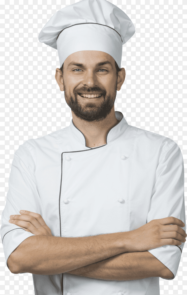 Portrait of smiling male chef in white uniform isolated on transparent background PNG