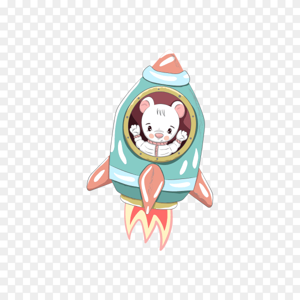Pretty bear flying in a rocket on transparent background PNG