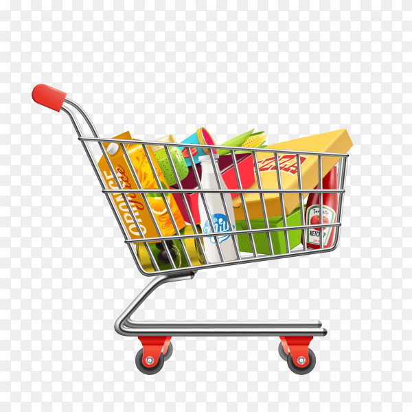 Shopping supermarket cart with products on transparent background PNG