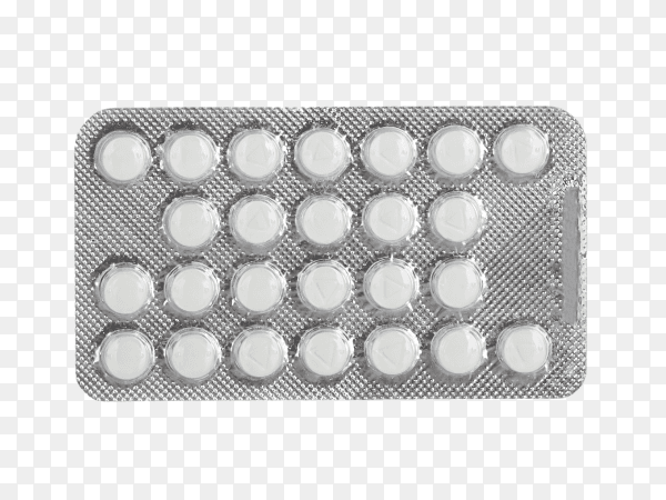 Tablets in a silver blister pack on transparent background PNG