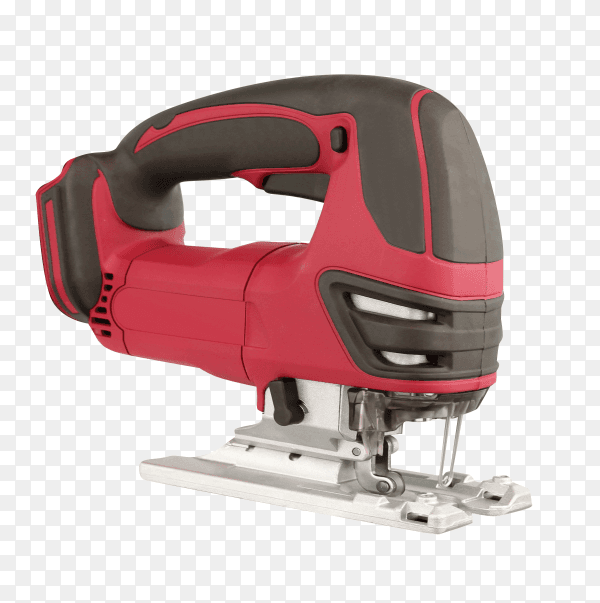 The tool is a red electric fretsaw isolated on transparent background PNG