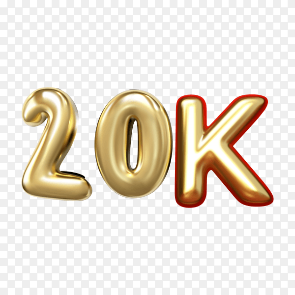 20k followers 3d rendered isolated with golden balloon on transparent background PNG