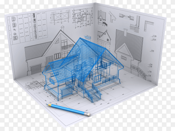 3D isometric view the residential house on architect’s drawing on transparent background PNG
