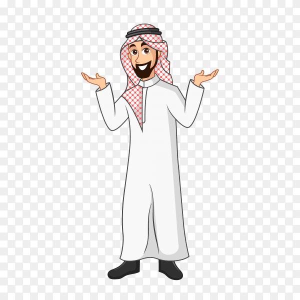 Arabic Businessman cartoon Character in traditional clothes spreading his hands to the sides showing or presenting something on transparent background PNG