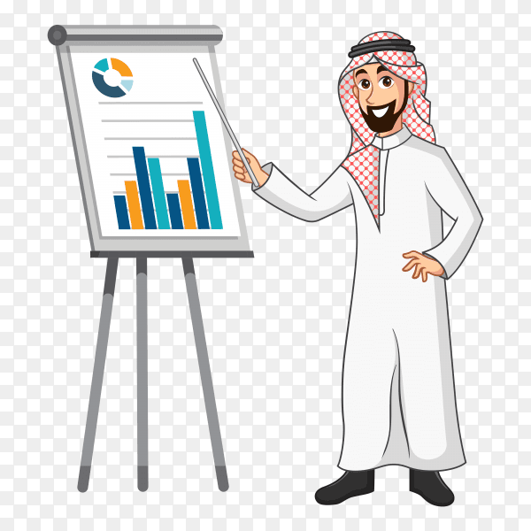 Arabic businessman cartoon character in traditional clothes doing a presentation isolated on transparent background PNG