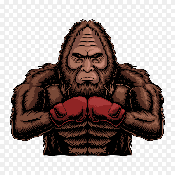 Bigfoot wearing boxing gloves sunset retro on transparent background PNG