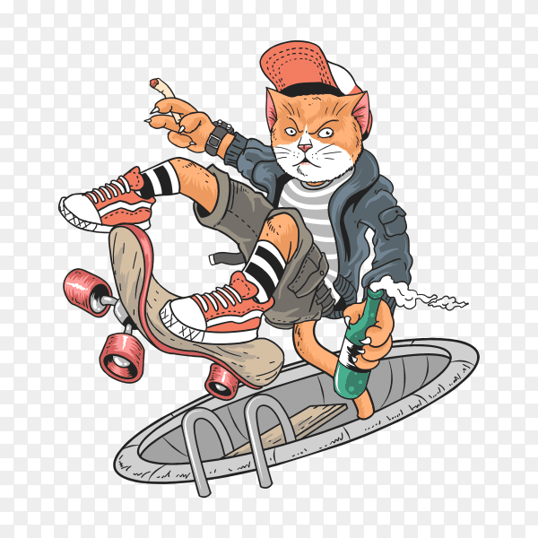 Cat skateboard pop punk on transparent background PNG