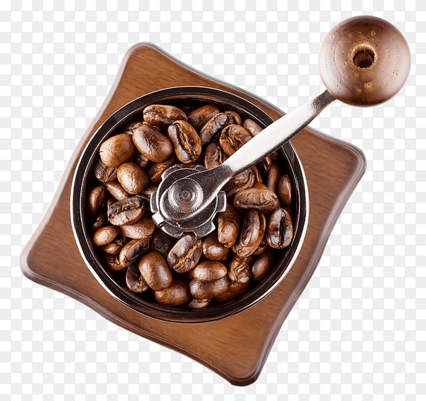 Coffee beans with grinder on transparent background PNG